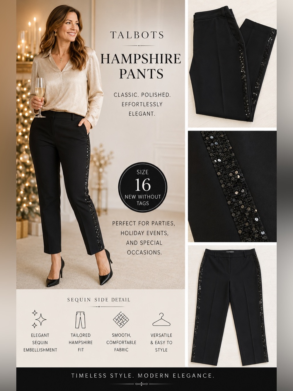 NWOT Talbots Black Hampshire Ankle Pants With Sequin Accents on Both Sides Sz 16